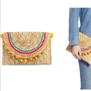 Anthropologie Straw Pom-Pom Clutch with Pink, Blue & Yellow Accents